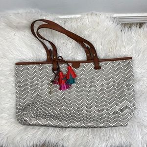 Fossil Rachel Tote Tassels White Black Weaved